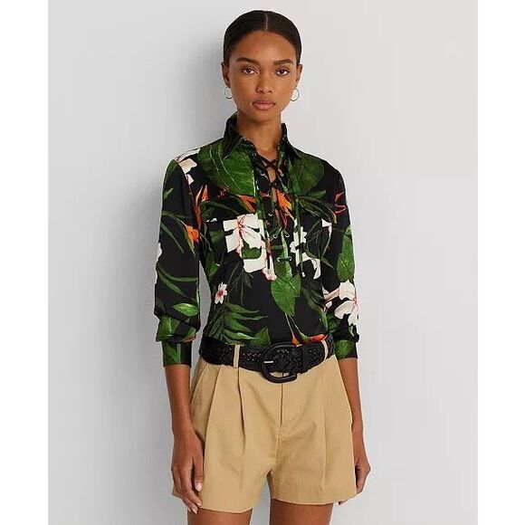 Lauren Ralph Lauren Tropical Print Satin Lace Up Blouse New with Tags XS - Picture 1 of 6
